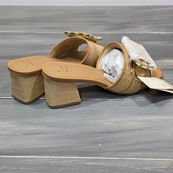 A New Day Kathleen Sandals Raffia Rhinestone Buckle Block Heel Mules Square Toe - Picture 11 of 15